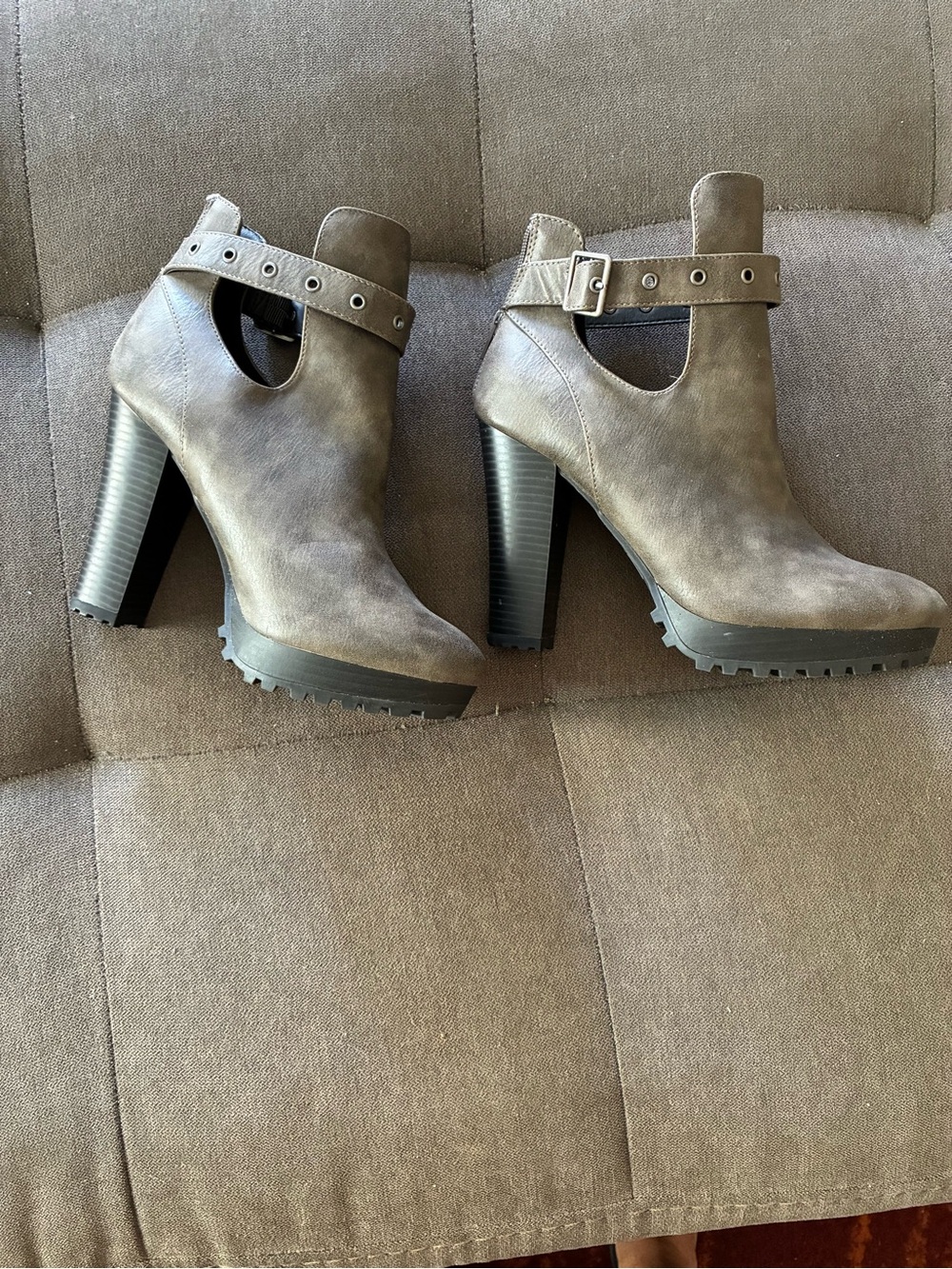 Women's High Heel Ankle Boot in Taupe with Buckle Strap